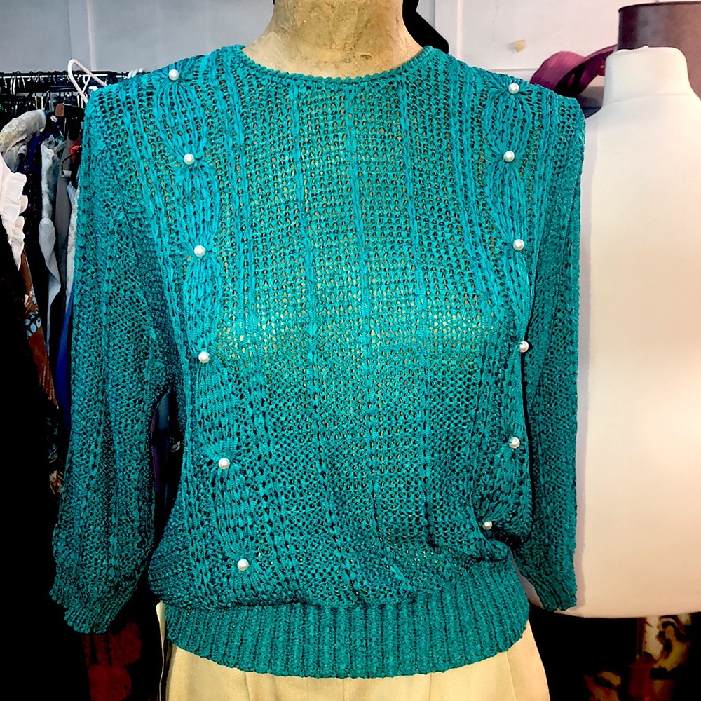 Vintage 80’s - teal green crochet knit sweater with Pearl tone beads - S/M